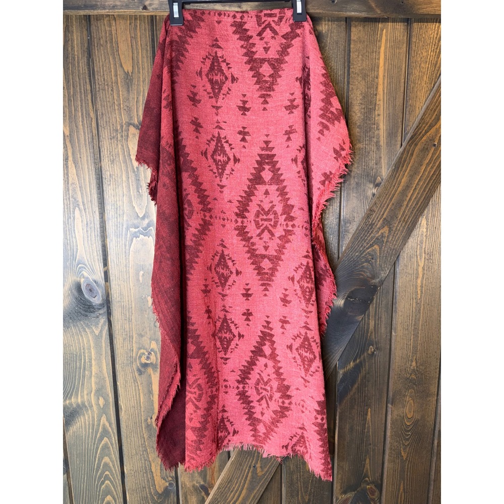 Lauren Ralph Lauren Red Southwestern Geometric Aztec Wool Blend Fringe Scarf